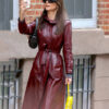 Emily Ratajkowski Burgundy Leather Coat