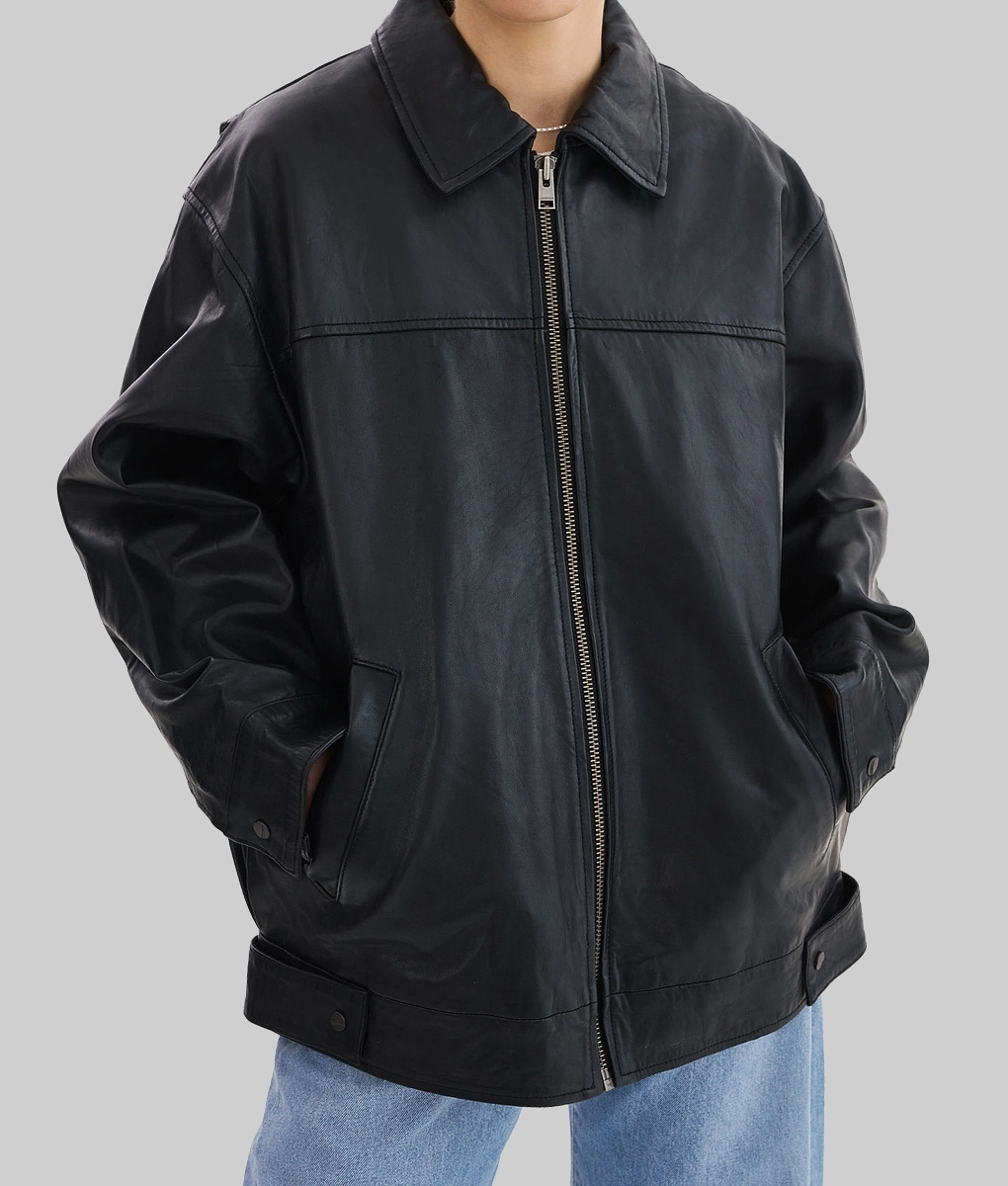 Hailey Bieber Black Leather Jacket-Front View