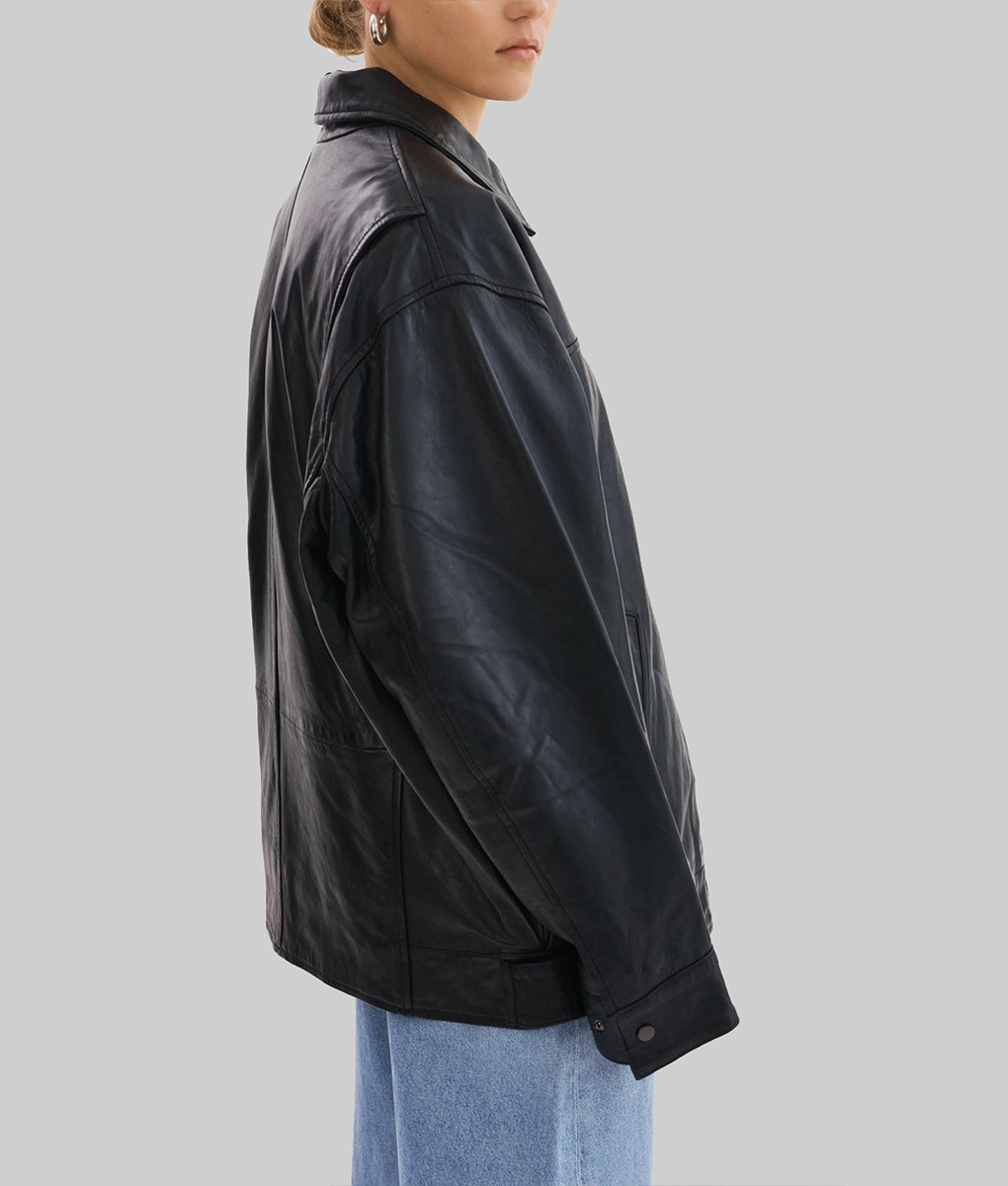Hailey Bieber Black Leather Jacket-Side View