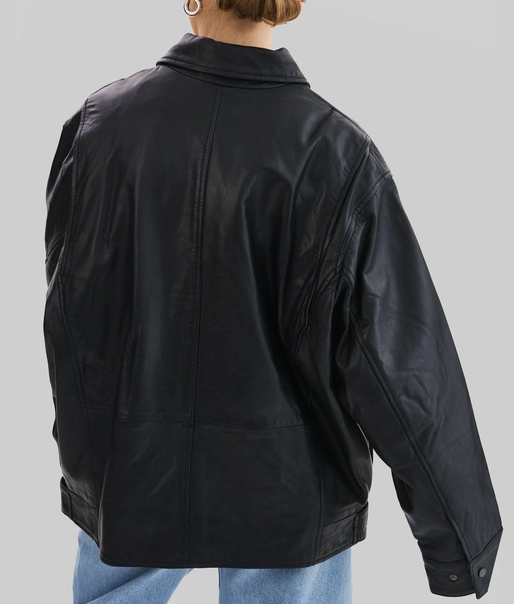Hailey Bieber Black Leather Jacket-Back View