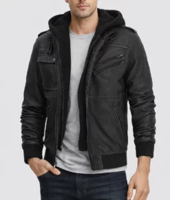 Jacey Men's Black Hooded Bomber Leather Jacket-Front