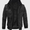 Jacey Men's Black Hooded Bomber Leather Jacket