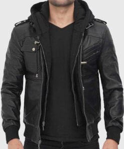 Jacey Men's Black Hooded Bomber Leather Jacket - Black Hooded Bomber Leather Jacket for Men - Front Open View