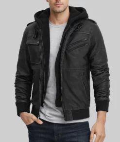 Jacey Men's Black Hooded Bomber Leather Jacket-Front