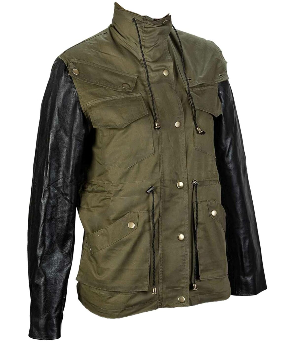 Military Khaki Jacket with Leather Sleeves