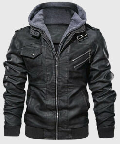 Quint Men's Black Hooded Bomber Leather Jacket - Black Hooded Bomber Leather Jacket for Men - Front View