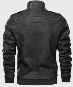 Quint Men's Black Hooded Bomber Leather Jacket - Black Hooded Bomber Leather Jacket for Men - Back View
