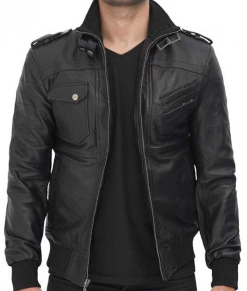 Reggie Mens Black Bomber Hooded Leather Jacket