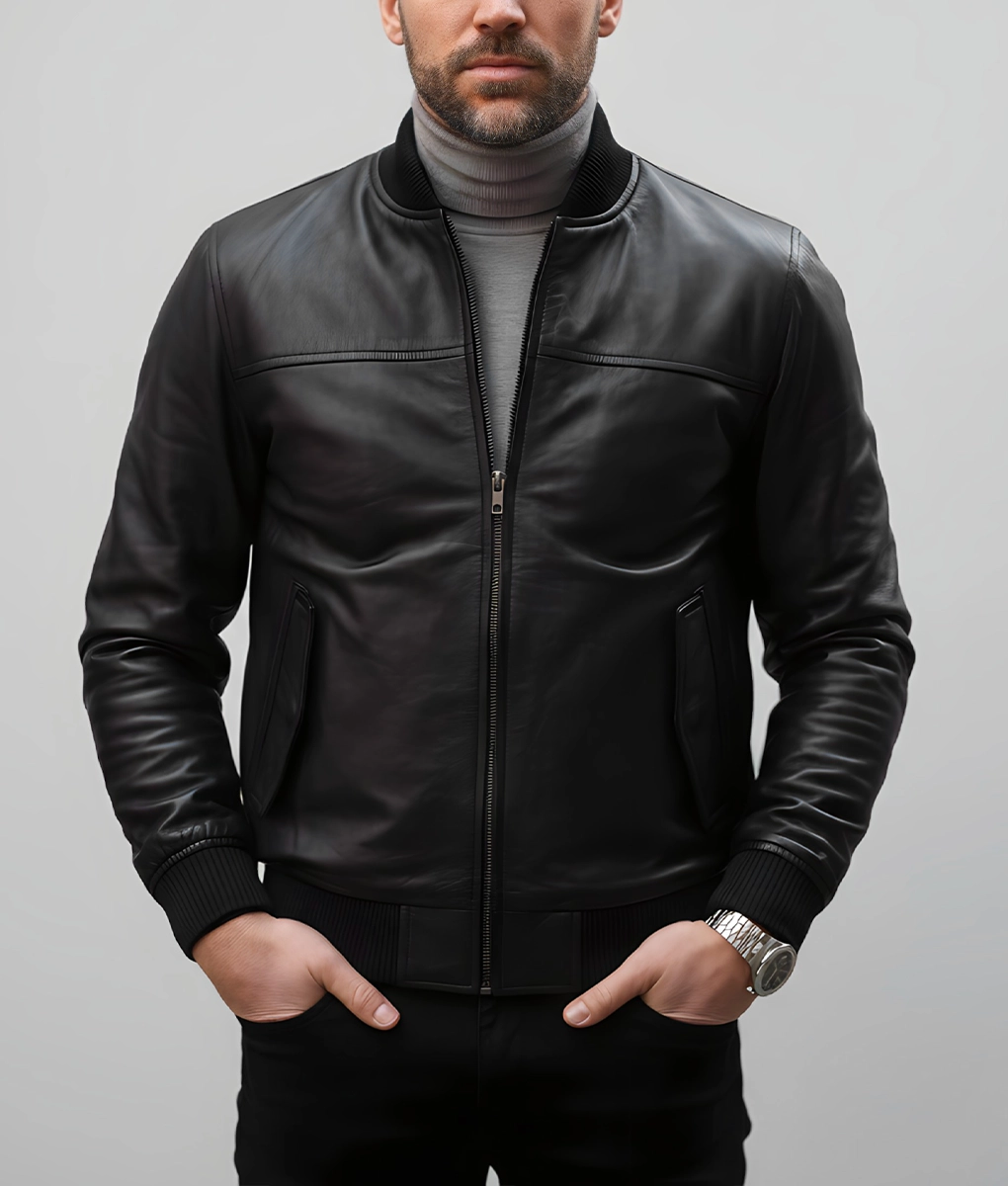 Bert Men&rsquo;s Classic Fit Black Bomber Leather Jacket | Men&rsquo;s Black Bomber Leather Jacket-7