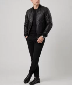 Bert Men&rsquo;s Classic Fit Black Leather Bomber Jacket-Front