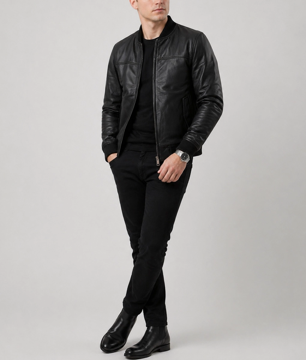 Bert Men&rsquo;s Classic Fit Black Leather Bomber Jacket-Front