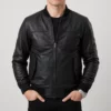 Bert Men’s Classic Fit Black Leather Bomber Jacket-Front