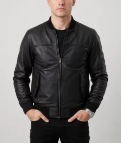 Bert Men&rsquo;s Classic Fit Black Leather Bomber Jacket-Front