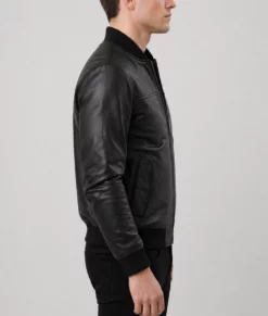 Bert Men&rsquo;s Classic Fit Black Leather Bomber Jacket-Side