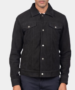 Aker Men's Black Suede Leather Trucker Jacket - Black Suede Leather Trucker Jacket for Men - Front Close View