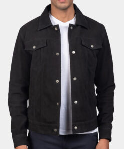 Aker Men's Black Suede Leather Trucker Jacket - Black Suede Leather Trucker Jacket for Men - Front Open View