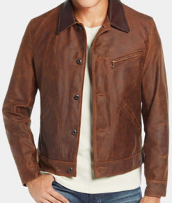 Cajin Men's Brown Distressed Leather Jacket - Brown Distressed Leather Jacket for Men - Front View