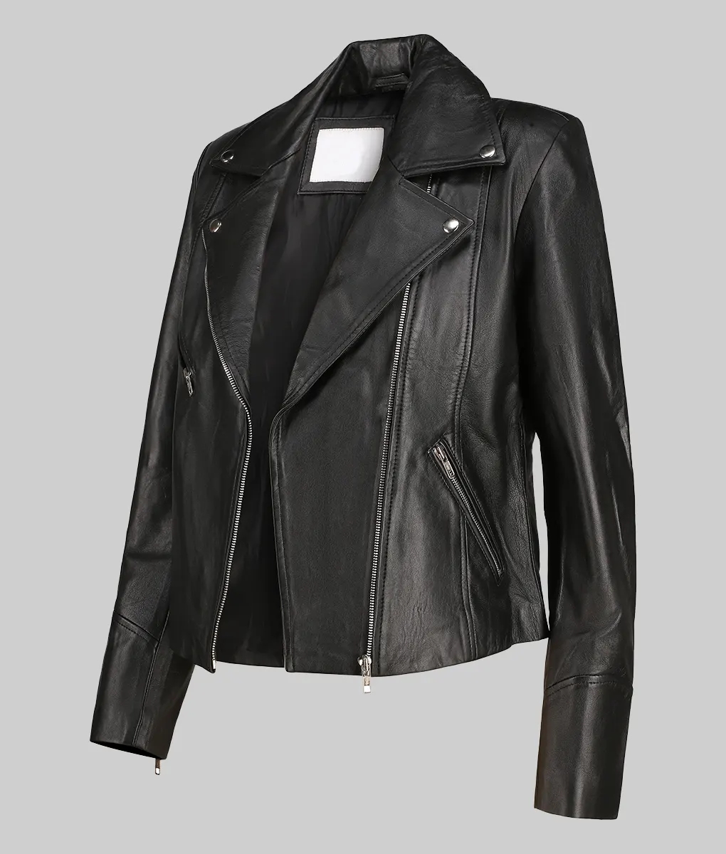 ジャケット・アウター double zip nylon biker jacket Jill Women's Black Moto Asymmetrical Double Rider Leather Jacket