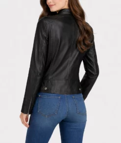 Linda Women&rsquo;s Black Moto Leather Cafe Racer Jacket | Women&rsquo;s Black Leather Cafe Racer Jacket-4