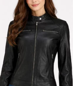 Linda Women&rsquo;s Black Moto Leather Cafe Racer Jacket | Women&rsquo;s Black Leather Cafe Racer Jacket-5