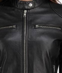 Linda Women&rsquo;s Black Moto Leather Cafe Racer Jacket | Women&rsquo;s Black Leather Cafe Racer Jacket-1