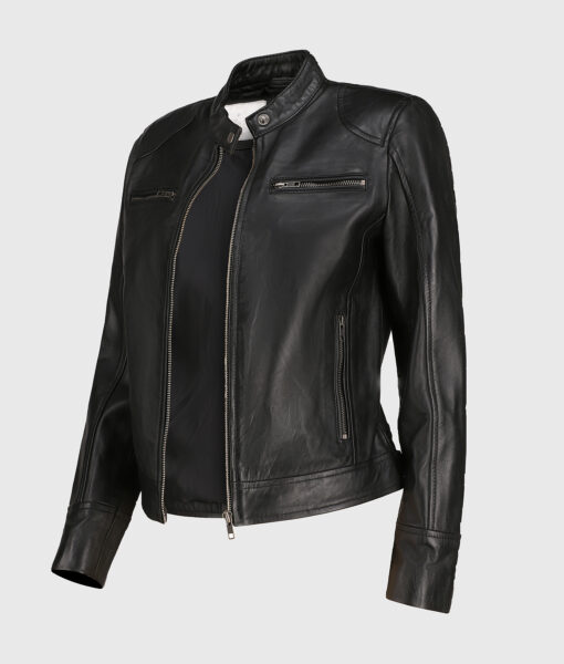Tina Women's Black Leather Biker Jacket - Black Leather Biker Jacket for Women - Side Open View