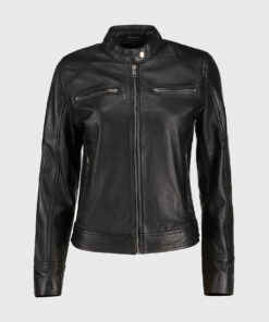 Tina Women's Black Leather Biker Jacket - Black Leather Biker Jacket for Women - Front Close View