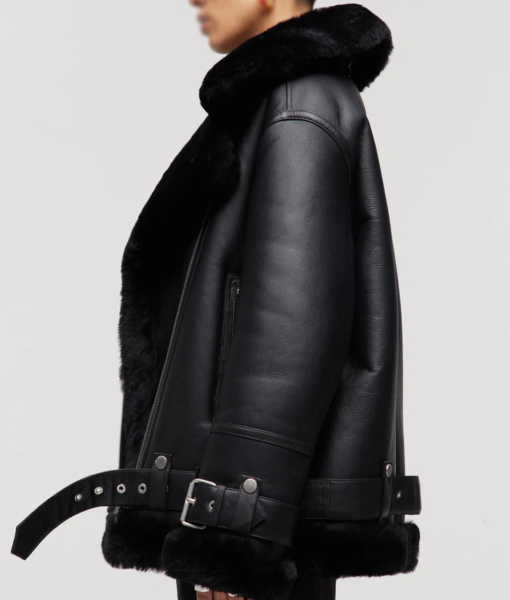 Alistair Women Black Leather Aviator Jacket - Black Aviator Leather Jacket for Womens - Side View