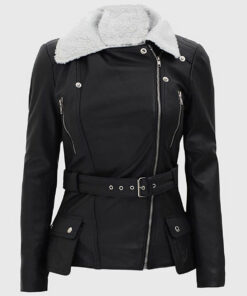 Cornie Women's Black Shearling Leather Biker Jacket - Black Shearling Leather Biker Jacket for Women - Closeup View