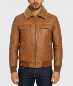 Jackson Men's Distressed Brown Bomber Leather Jacket-Front