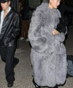 Hailey Bieber Grey Fur Trench Coat