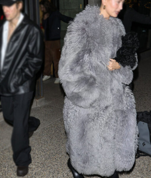 Hailey Bieber Grey Fur Trench Coat
