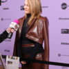 Alicia Silverstone Textured Brown Cropped Leather Blazer