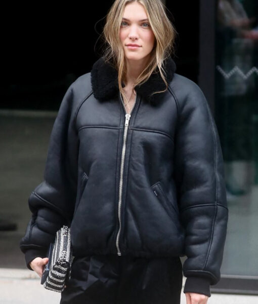 Charlotte Cardin Oversized Black Leather Aviator Jacket