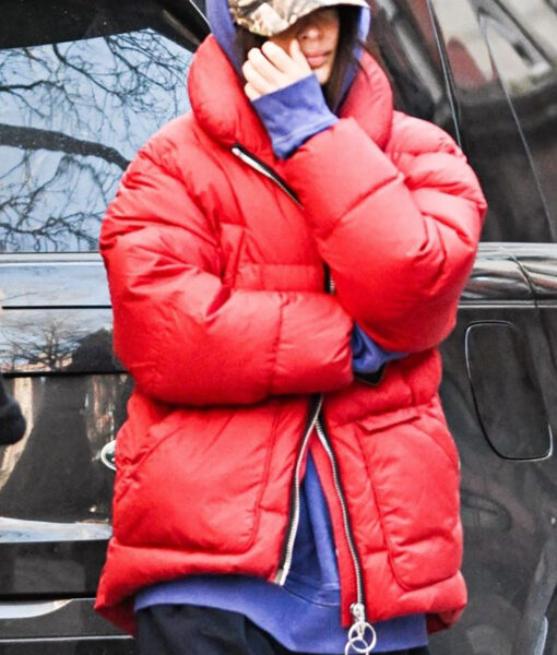 Emily Ratajkowski Oversized Red Puffer Jacket