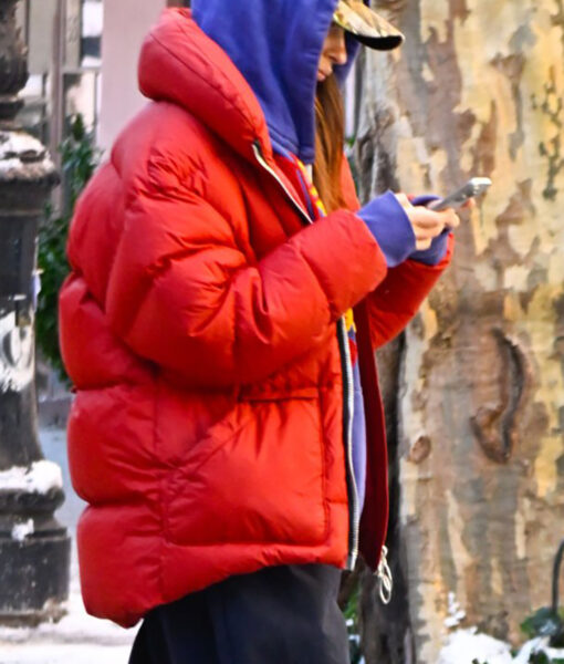 Emily Ratajkowski Oversized Red Puffer Jacket
