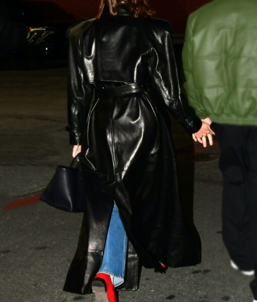 Hailey Bieber Double Breasted Black Leather Long Belted Coat