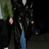 Hailey Bieber Double Breasted Black Leather Long Belted Coat