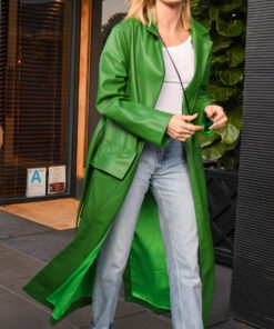 Hailey Bieber Green Leather Long Coat