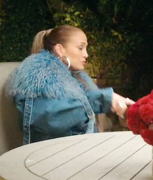 Jennifer Lopez Fur Collar Long Belted Blue Denim Coat