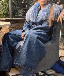 Jennifer Lopez Fur Collar Long Belted Blue Denim Coat