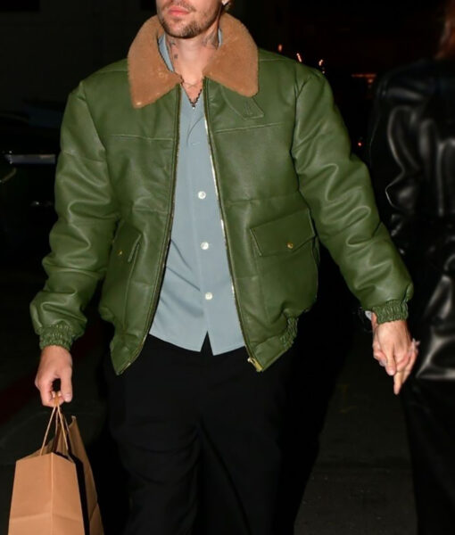 Justin Bieber Green Leather Aviator Jacket