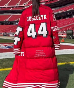 Kansas City Chiefs AFC Game Kristin Juszczyk 49ers Red Long Puffer Coat