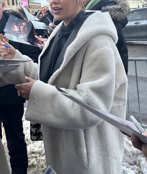 Melissa Barrera Hooded White Fur Coat