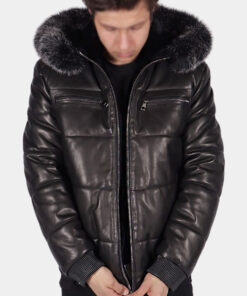 Paul Mens Black Hooded Leather Puffer Jacket