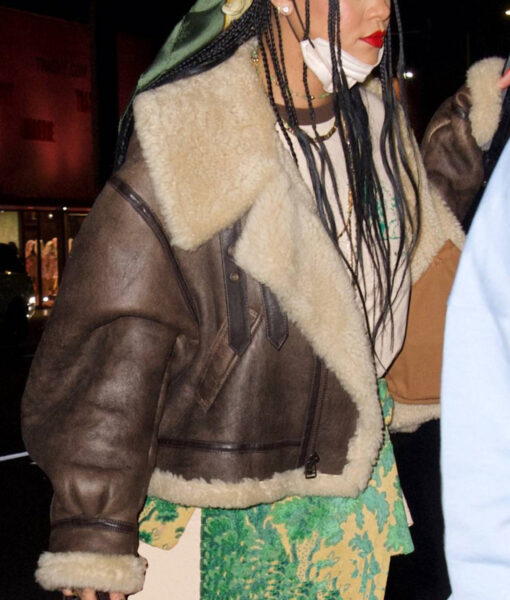 Rihanna Brown Oversized Cropped Aviator Jacket