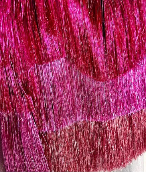 Saltburn Alison Oliver Venetia Catton Pink Metallic Tinsel Fringe Jacket