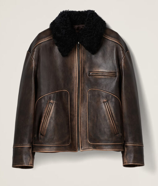 Veronica Ferraro Shearling Brown Leather Cropped Aviator Jacket