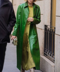 Anna Wintour Womens Green Leather Coat - Womens Green Leather Coat - Front View2