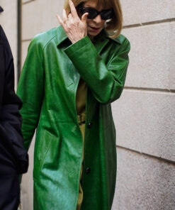 Anna Wintour Womens Green Leather Coat - Womens Green Leather Coat - Front View